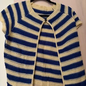Striped Crochet Short-Sleeve Cardigan in Blue and Cream
